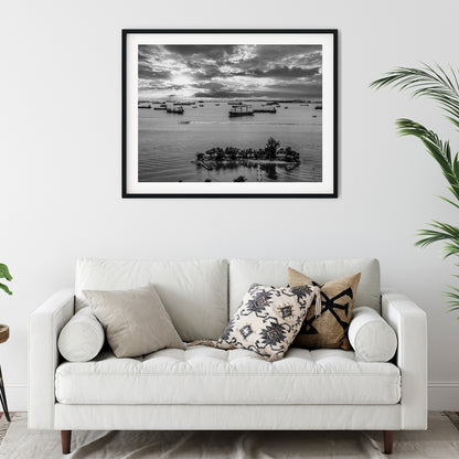 Sentosa Island Cargo Ships Black and White Print