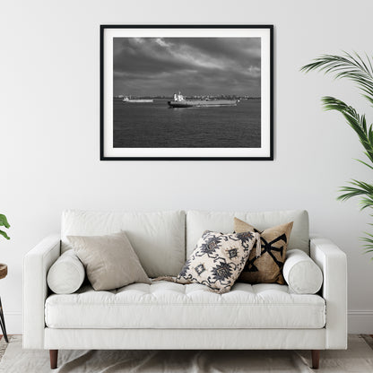 Ships In Singapore Harbour Black and White Print