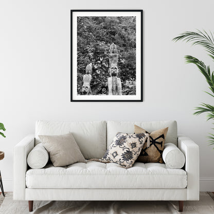 Carved Wooden Totem Poles in Lush Foliage Black and White Print