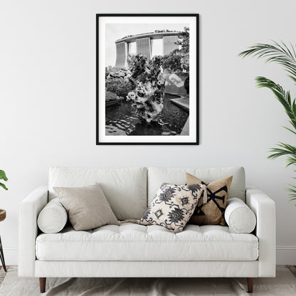 Marina Bay Sands Behind Scholar's Rock Black and White Print