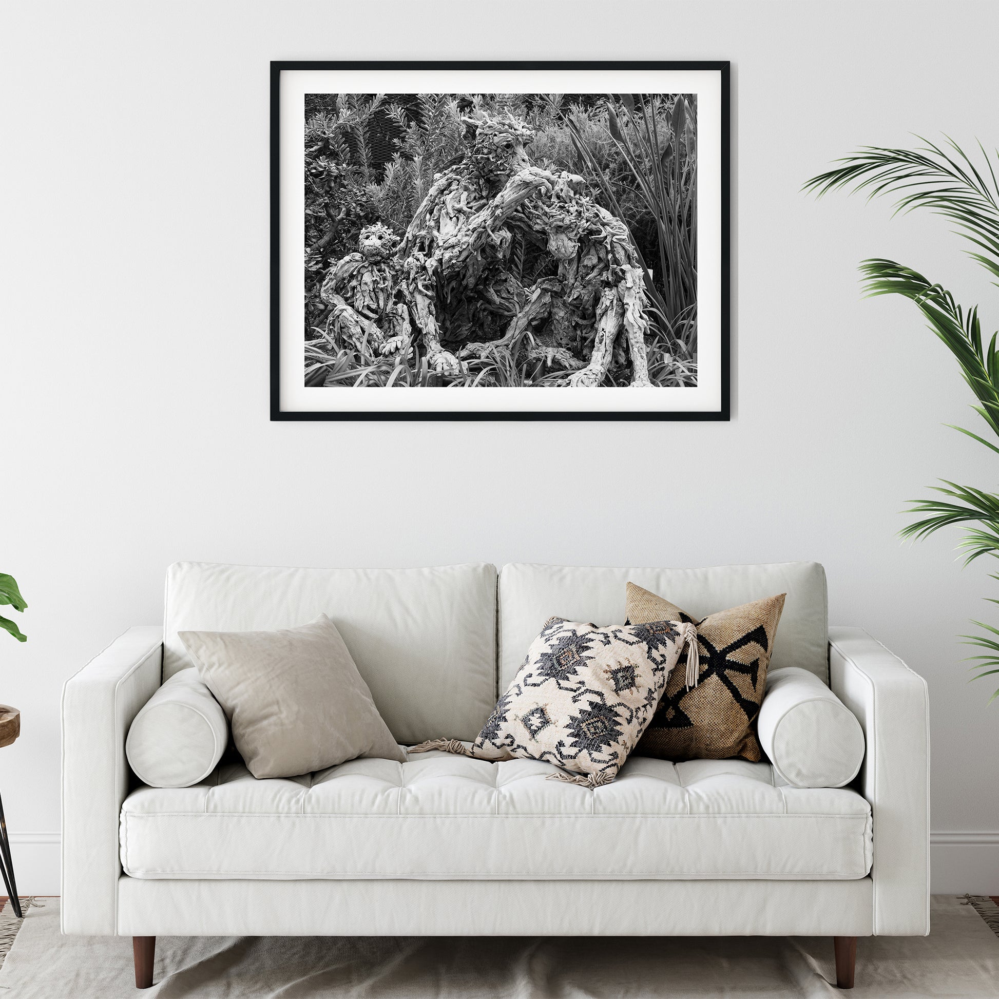 Driftwood Monkey Family Sculptures Black and White Print