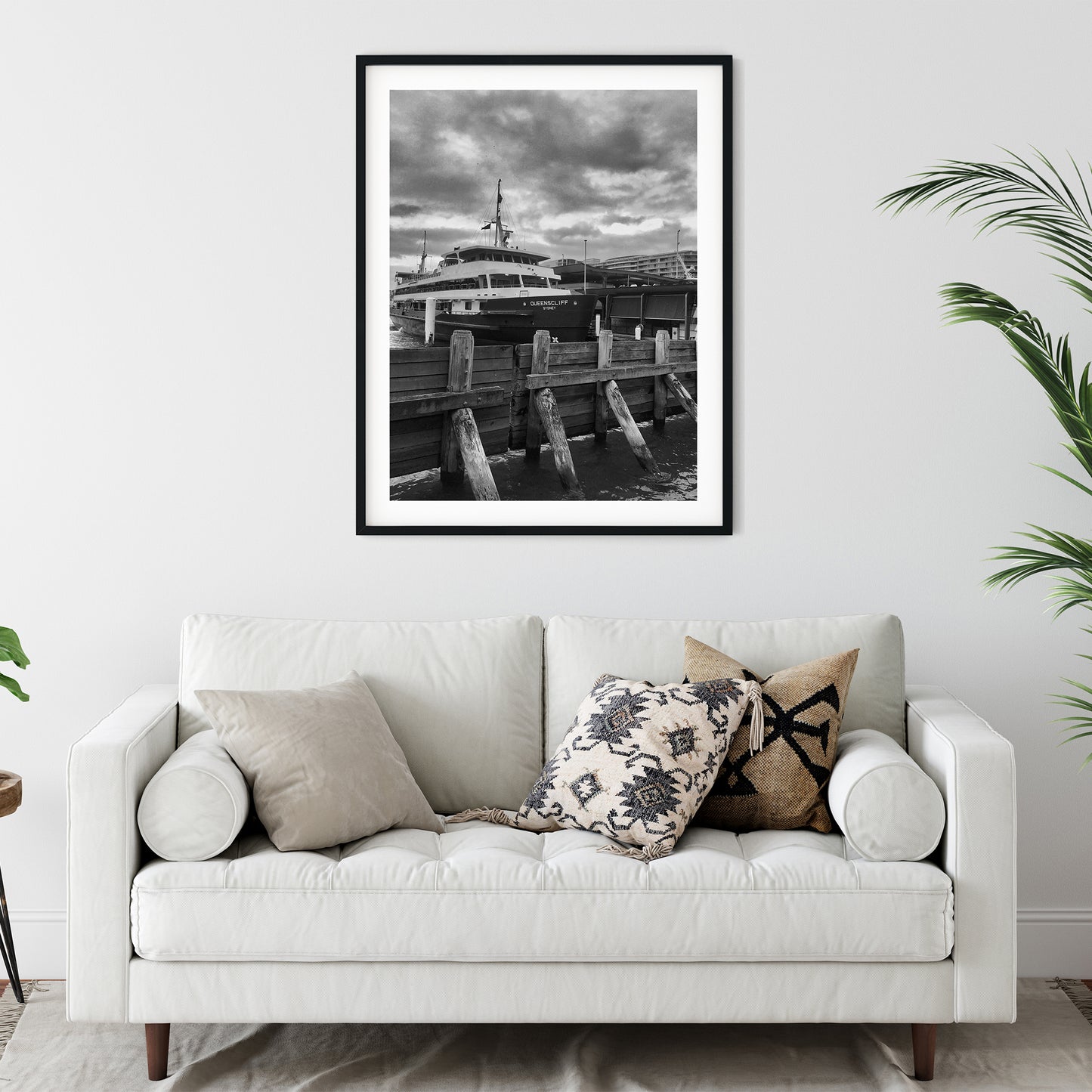 Queenscliff Sydney Ferry at Wharf Black and White Print