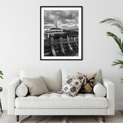 Queenscliff Sydney Ferry at Wharf Black and White Print