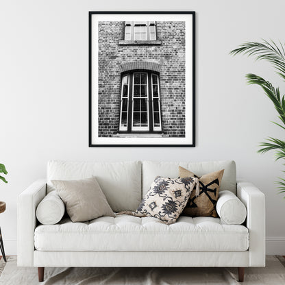 Vintage Arched Sash Windows on Brick Facade Black and White Print