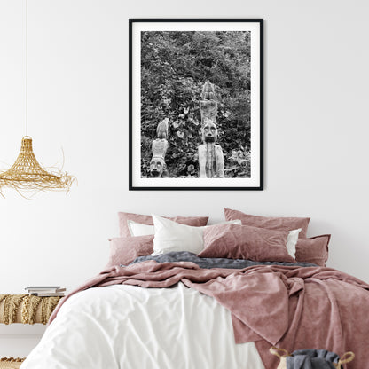 Carved Wooden Totem Poles in Lush Foliage Black and White Print
