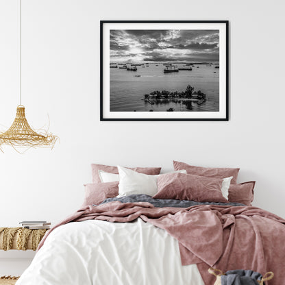 Sentosa Island Cargo Ships Black and White Print