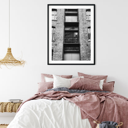 Industrial Brick Warehouse Facade Black and White Print