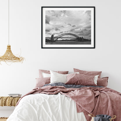 Sydney Harbour Bridge Under Dramatic Sky Black and White Print