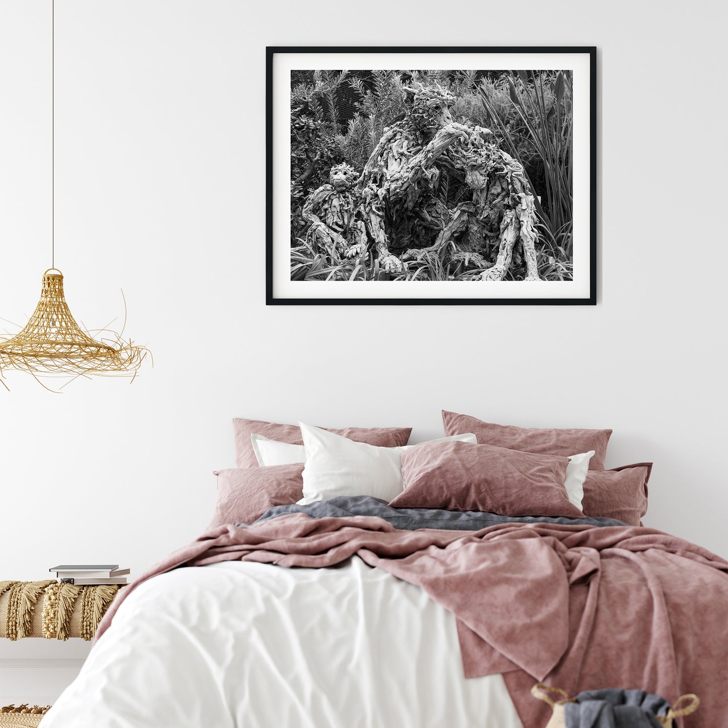 Driftwood Monkey Family Sculptures Black and White Print
