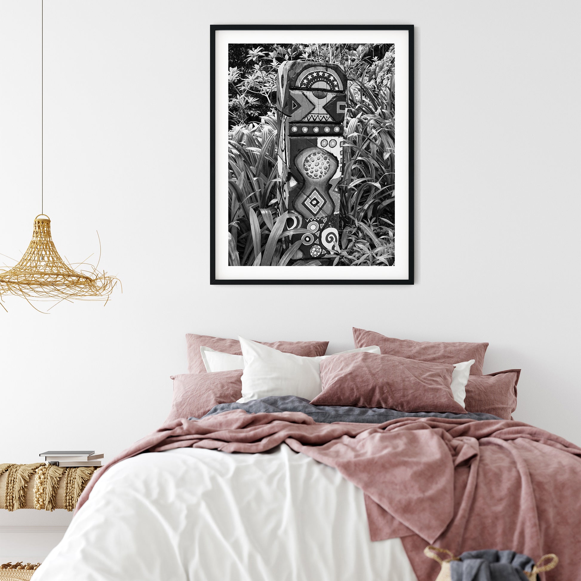 Painted Wooden Totem in Lush Garden Black and White Print