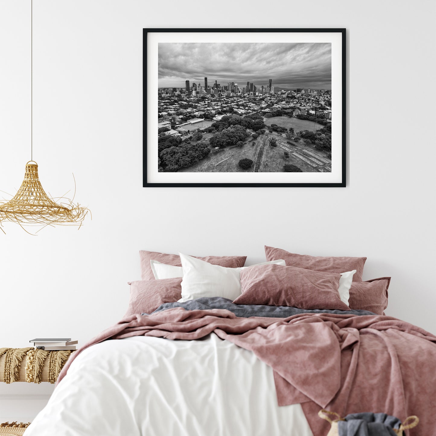Aerial Brisbane City Skyline and New Farm Park Black and White Print