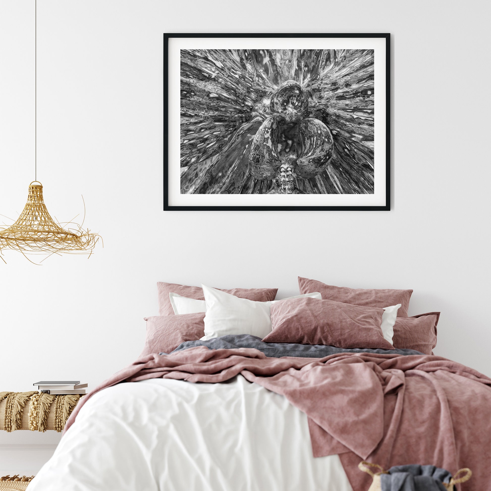 Abstract Metallic Orchid Bloom Black and White Print