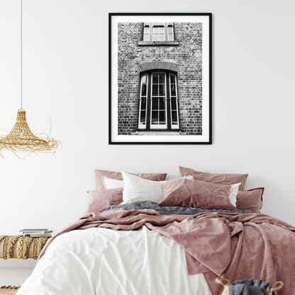 Vintage Arched Sash Windows on Brick Facade Black and White Print