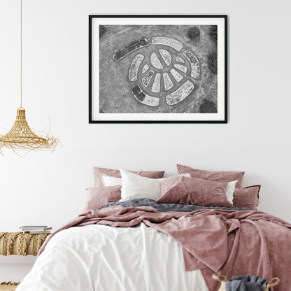 Aerial View of Circular Geometric Garden Beds Black and White Print