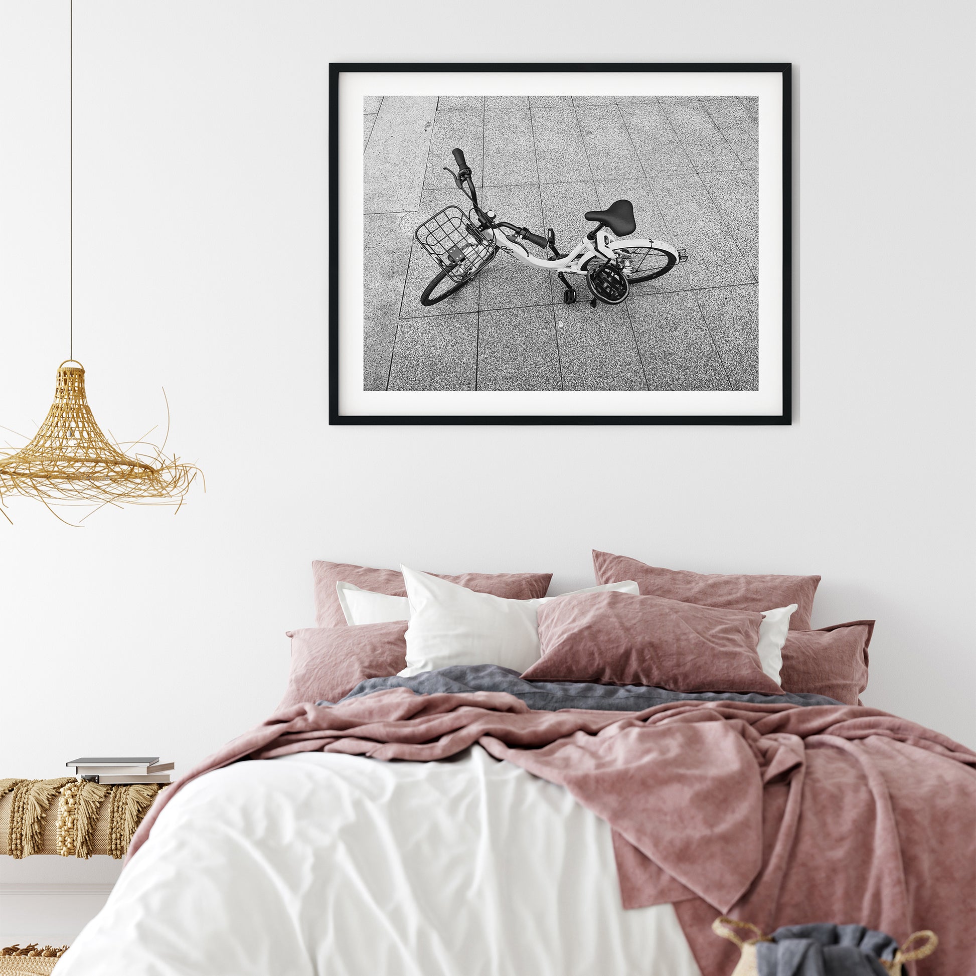 Rideshare Bicycle Overhead Black and White Print