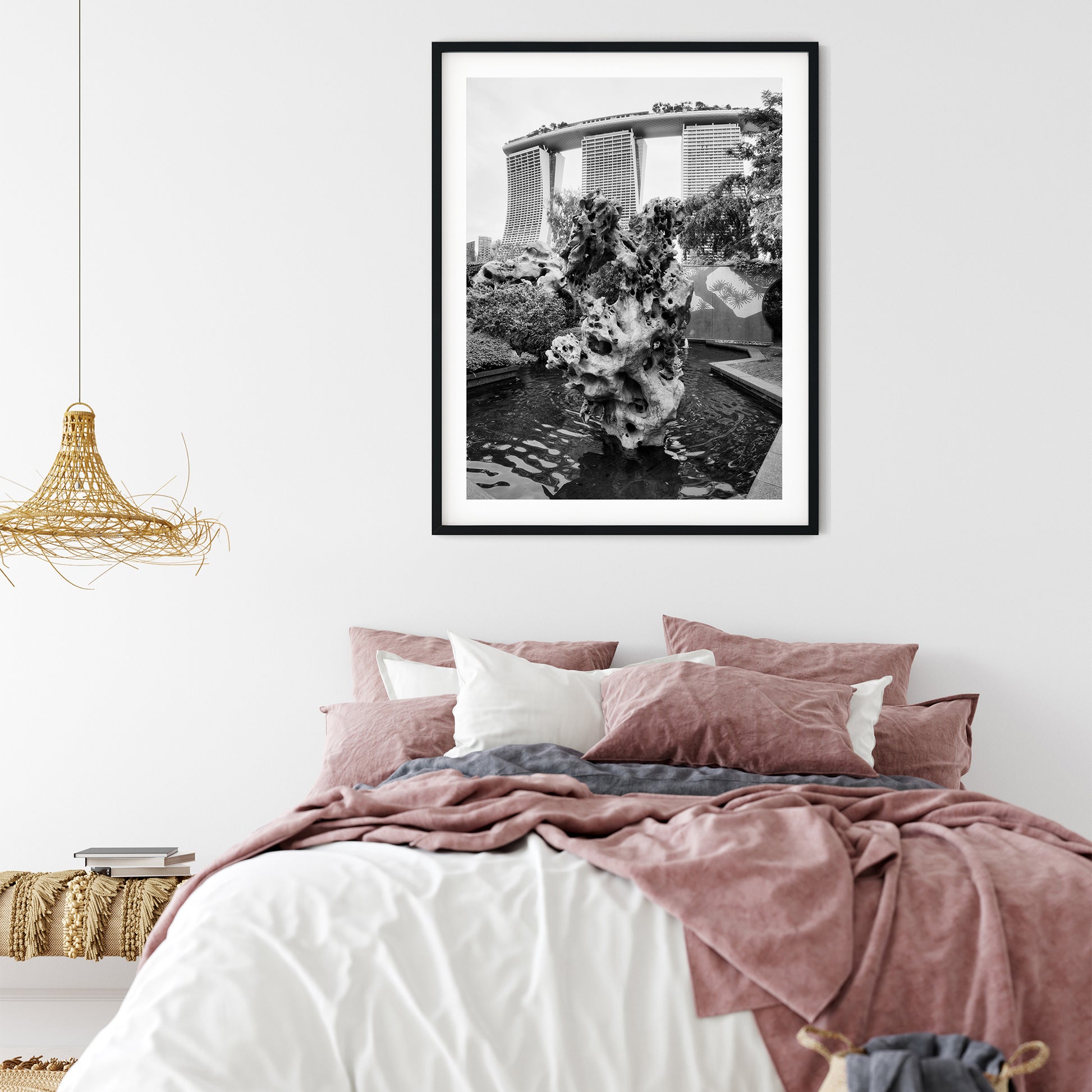 Marina Bay Sands Behind Scholar's Rock Black and White Print