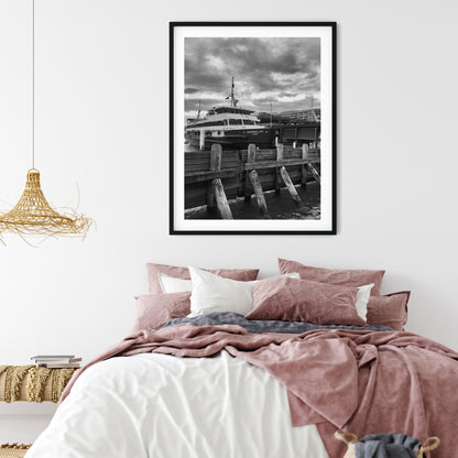 Queenscliff Sydney Ferry at Wharf Black and White Print