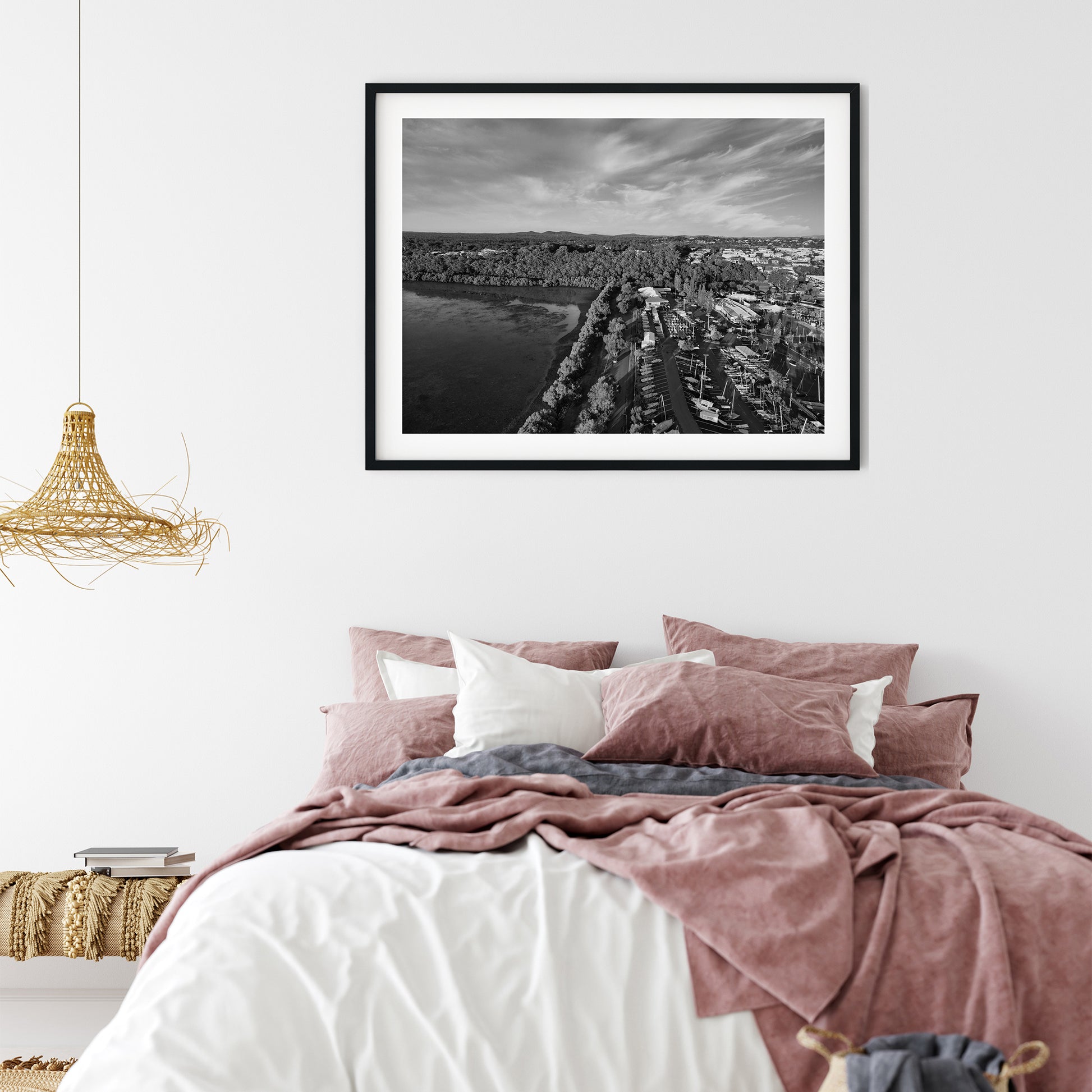 Inspiration Point Aerial Harbor View Manly Brisbane Black and White Print