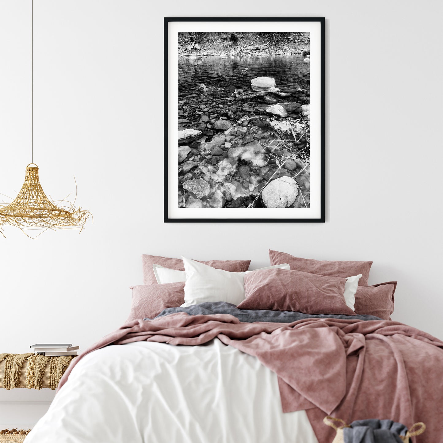 Ducks in Clear Rocky Stream Black and White Print