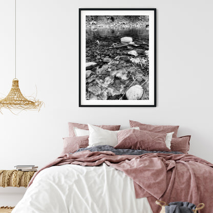 Ducks in Clear Rocky Stream Black and White Print
