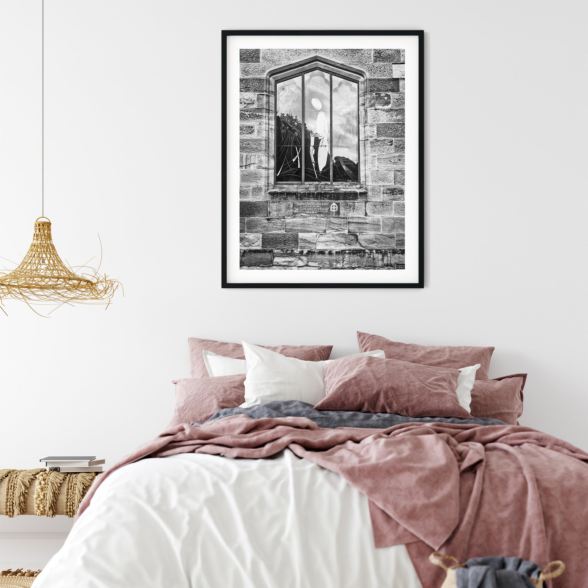 Memorial Stained Glass Window in Sandstone Black and White Print