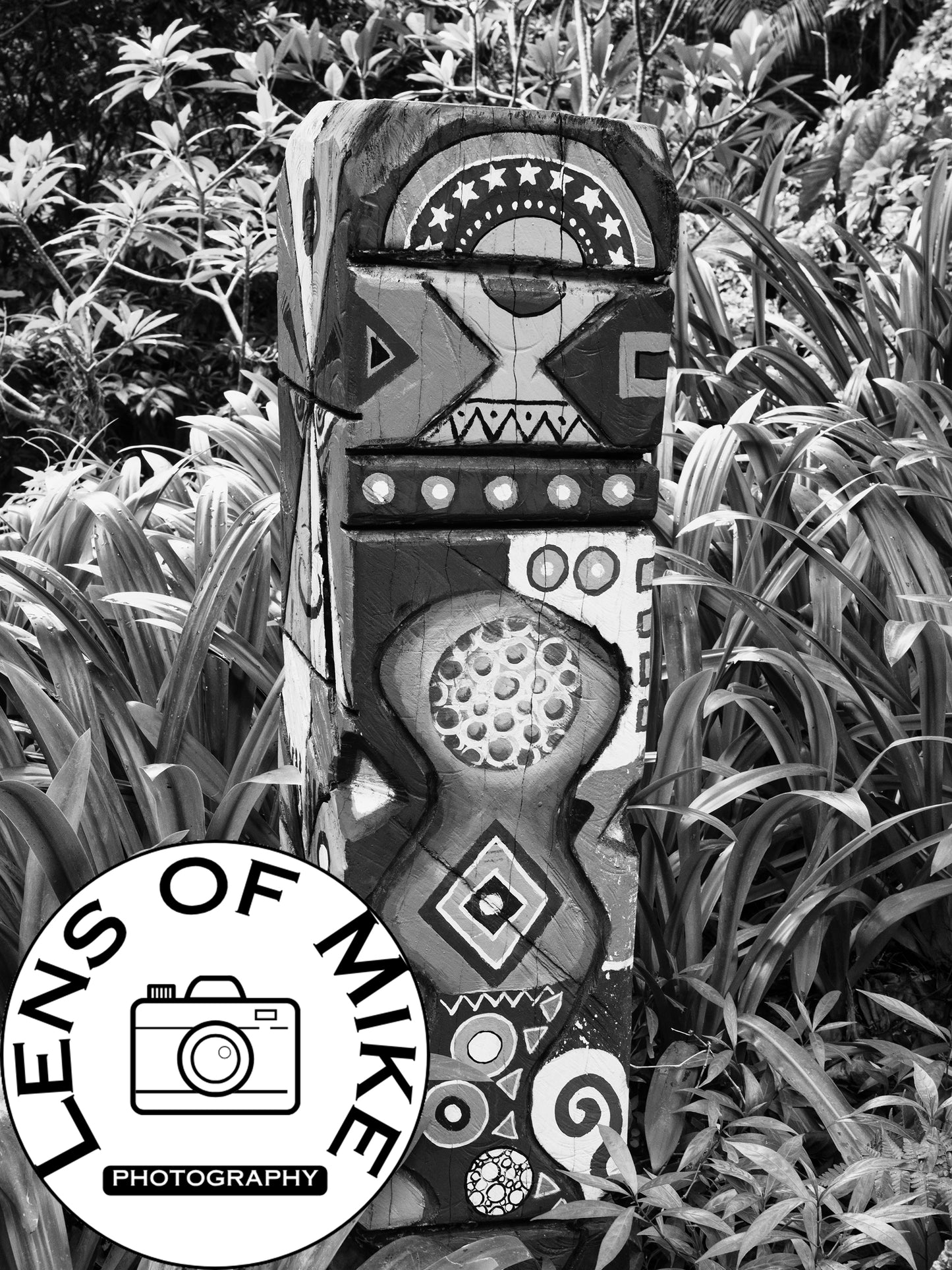 Painted Wooden Totem in Lush Garden Black and White Print