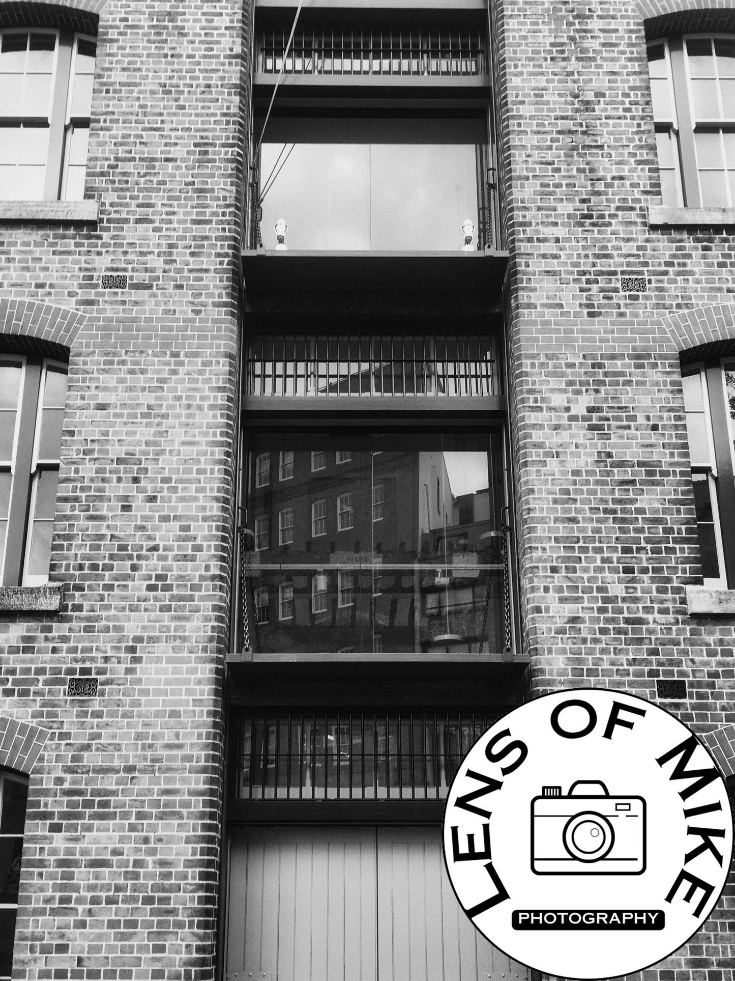 Industrial Brick Warehouse Facade Black and White Print