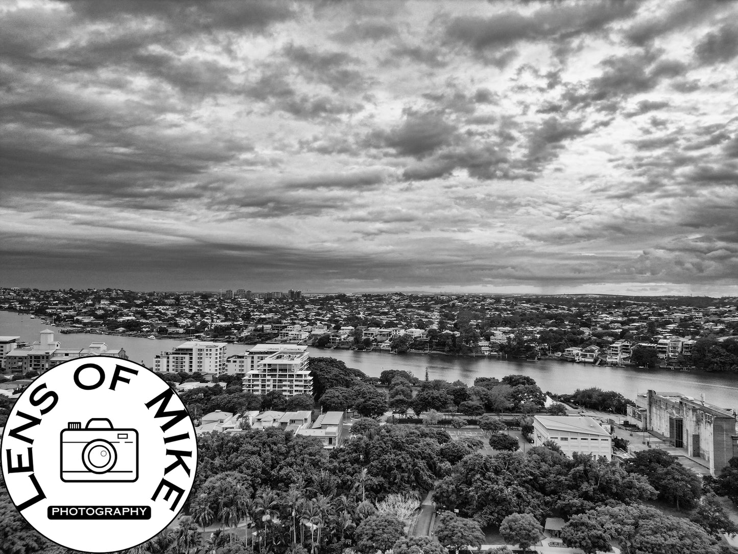 Aerial View of New Farm Brisbane Black and White Print