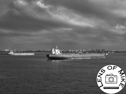 Ships In Singapore Harbour Black and White Print