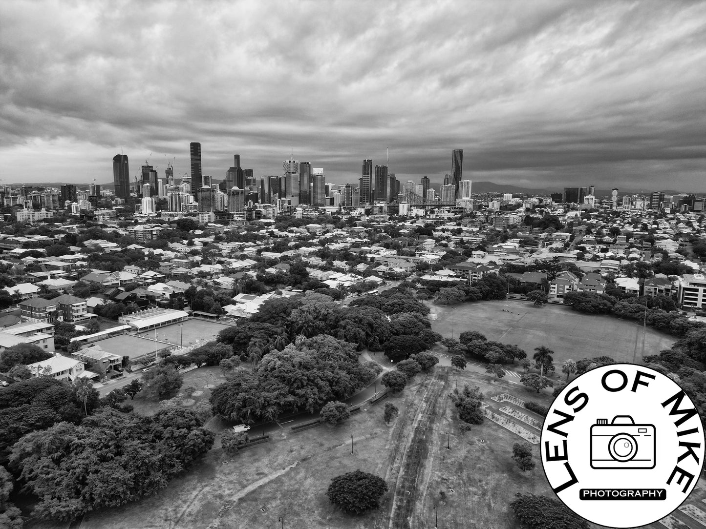 Aerial Brisbane City Skyline and New Farm Park Black and White Print