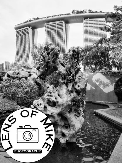 Marina Bay Sands Behind Scholar's Rock Black and White Print