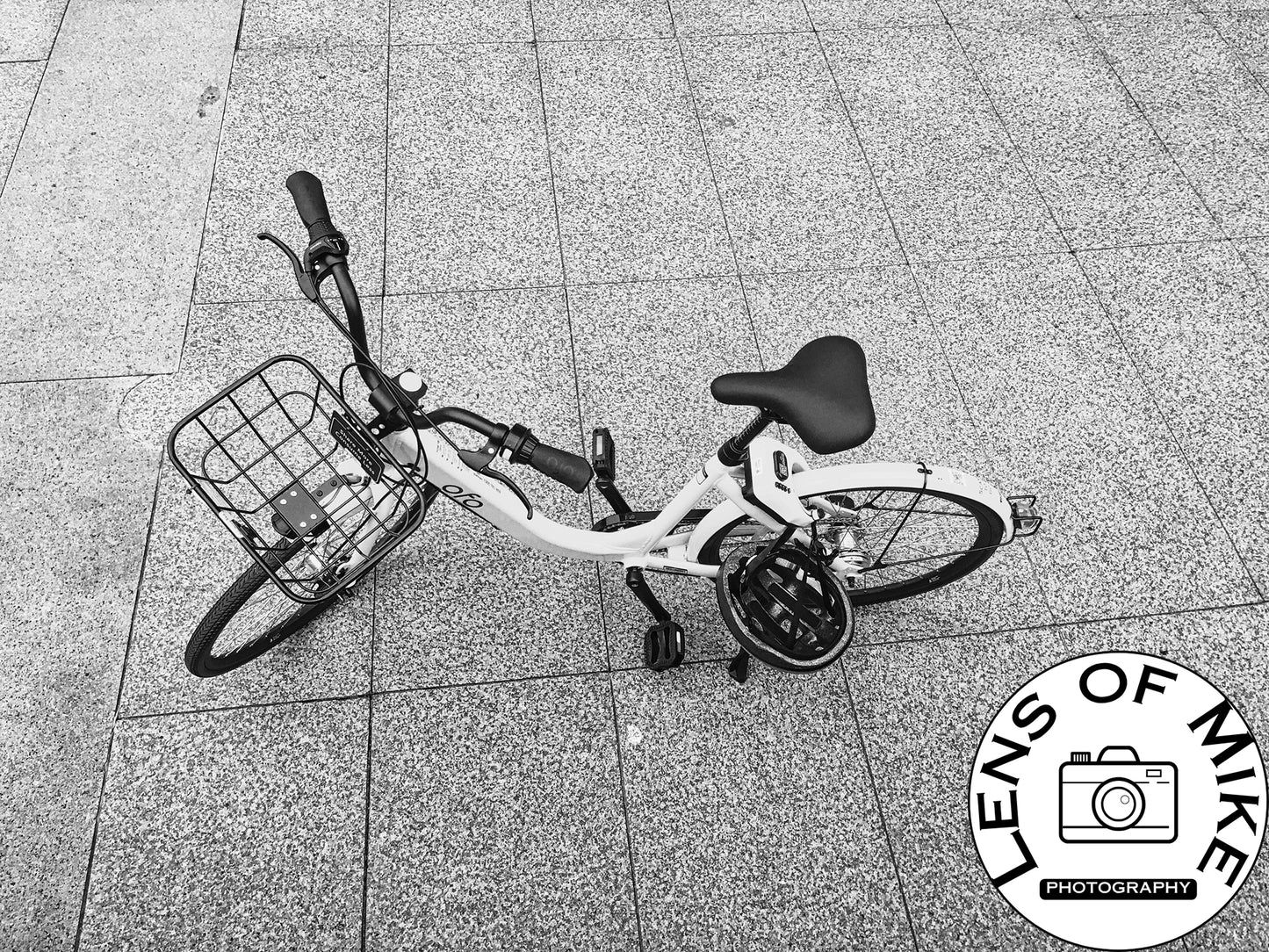 Rideshare Bicycle Overhead Black and White Print