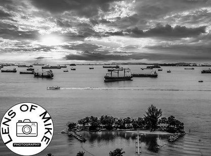 Sentosa Island Cargo Ships Black and White Print