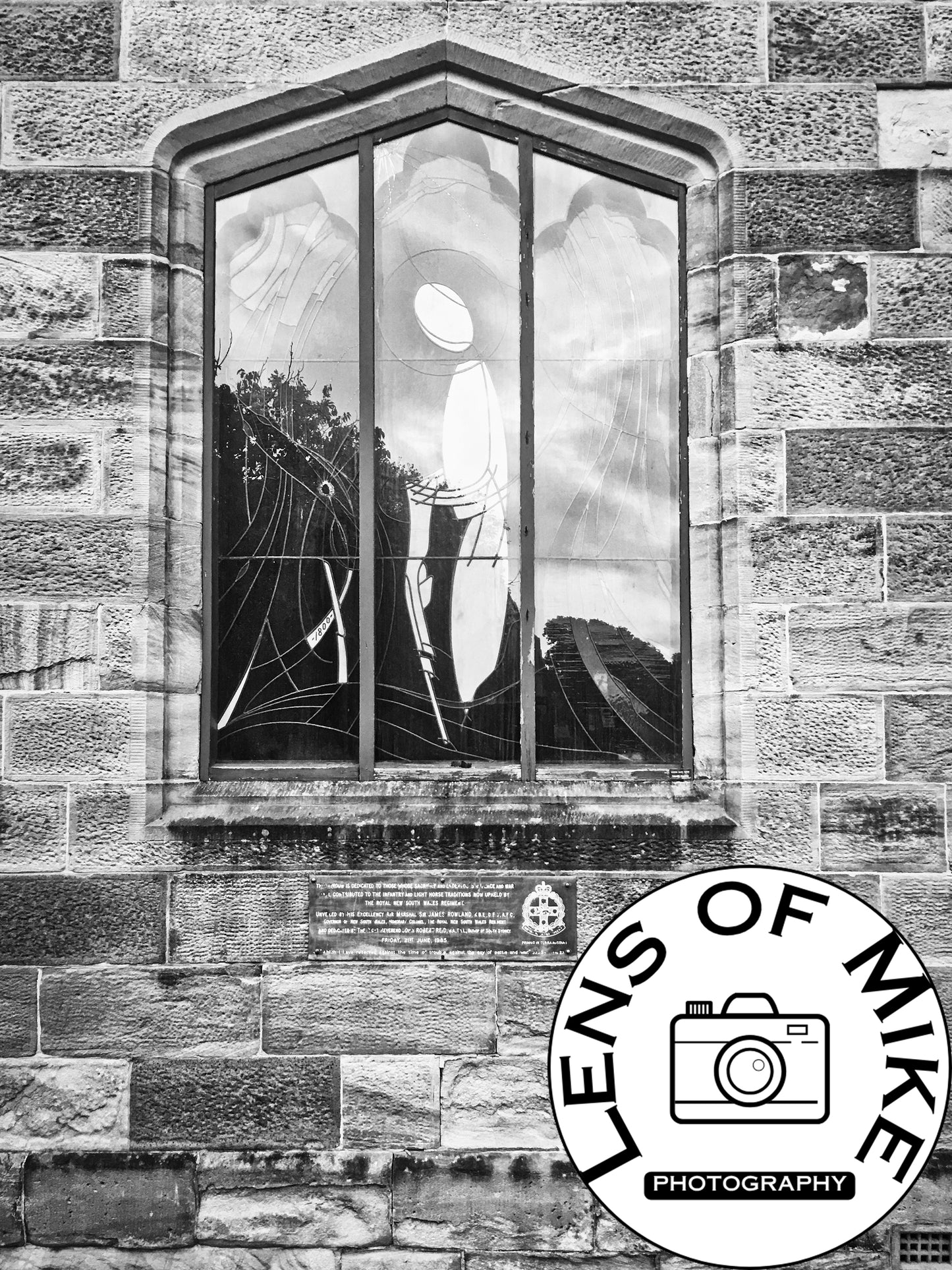 Memorial Stained Glass Window in Sandstone Black and White Print