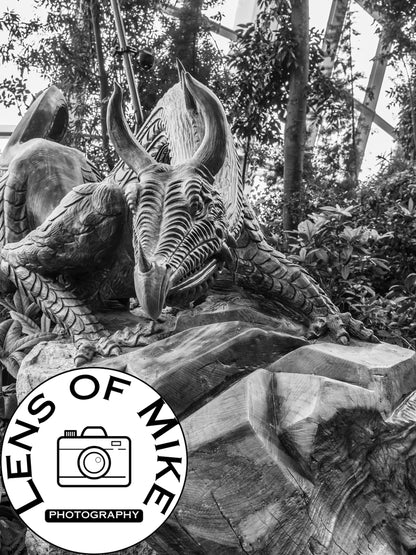 Carved Wooden Dragon Sculpture Black and White Print
