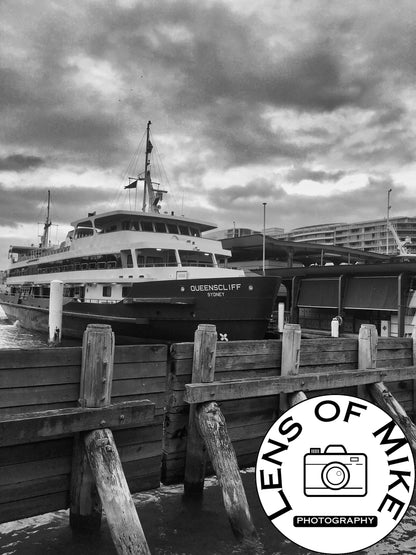 Queenscliff Sydney Ferry at Wharf Black and White Print
